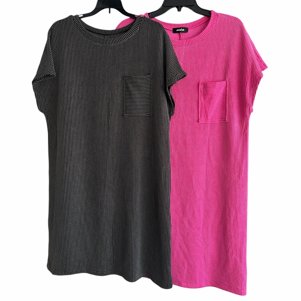 Bundle Miduo Textured Ribbed Pocket Shirt Dresses Cap Sleeve Black Pink Large